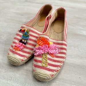 Striped Espadrille Flats with Colorful Embroidery